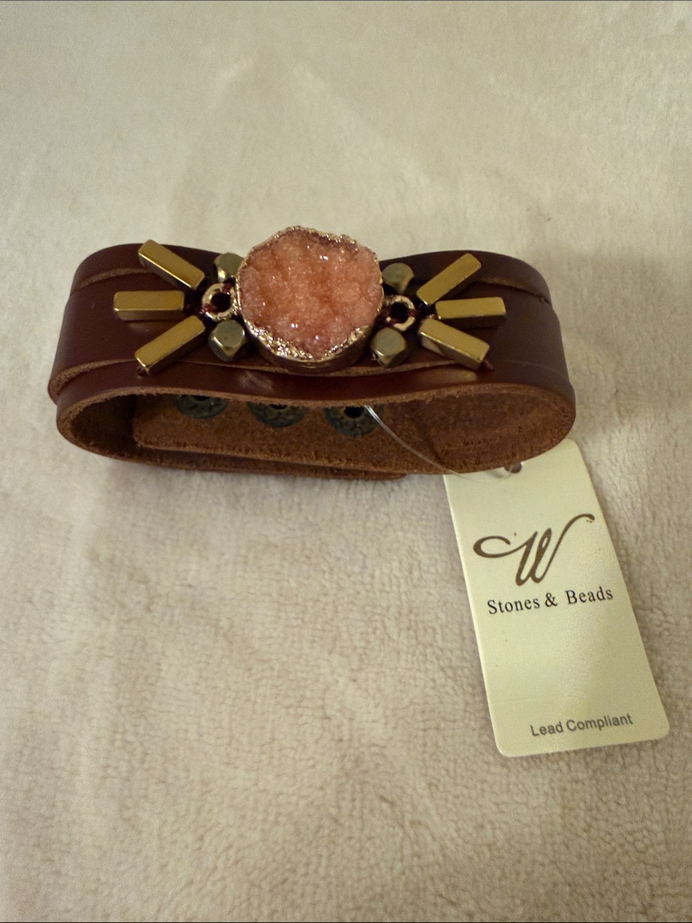 Peach Druzy Brown Leather Cuff Bracelet